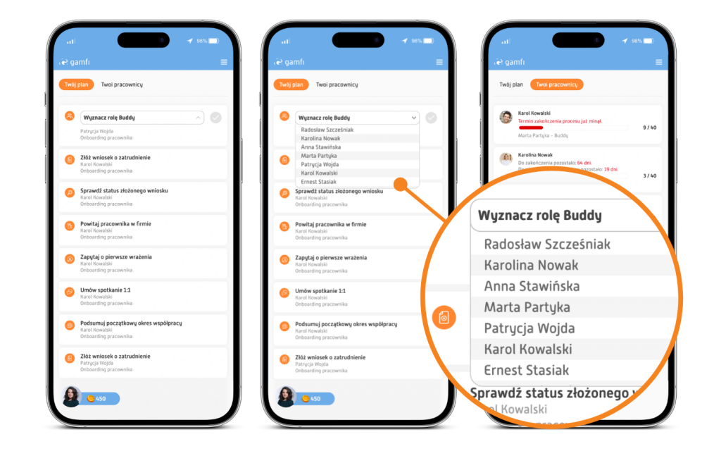 Manager view of onboarding roles and tasks in Gamfi