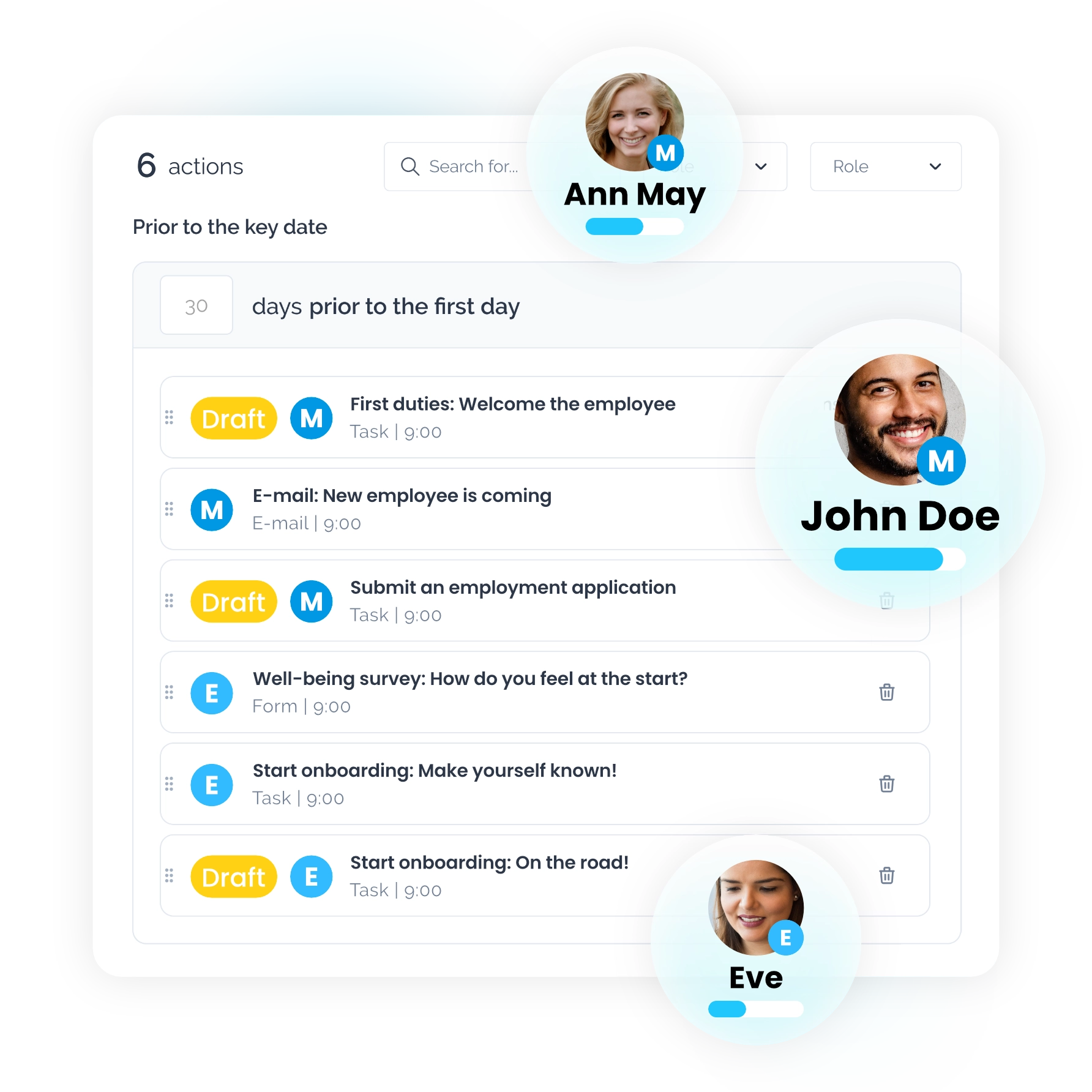 The Gamfi onboarding platform makes managers' lives easier (not just HR's). Ready-made paths, automatic notifications, and a view of the process stage support effective role-specific onboarding.