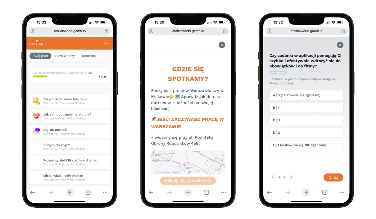Three app screens on phones: the list of onboarding tasks, a task and a survey
