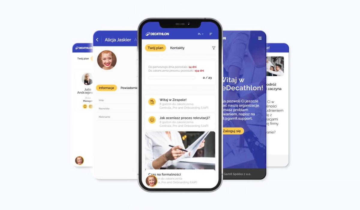 App screens on phones: the onboarding plan with tasks and an employee profile