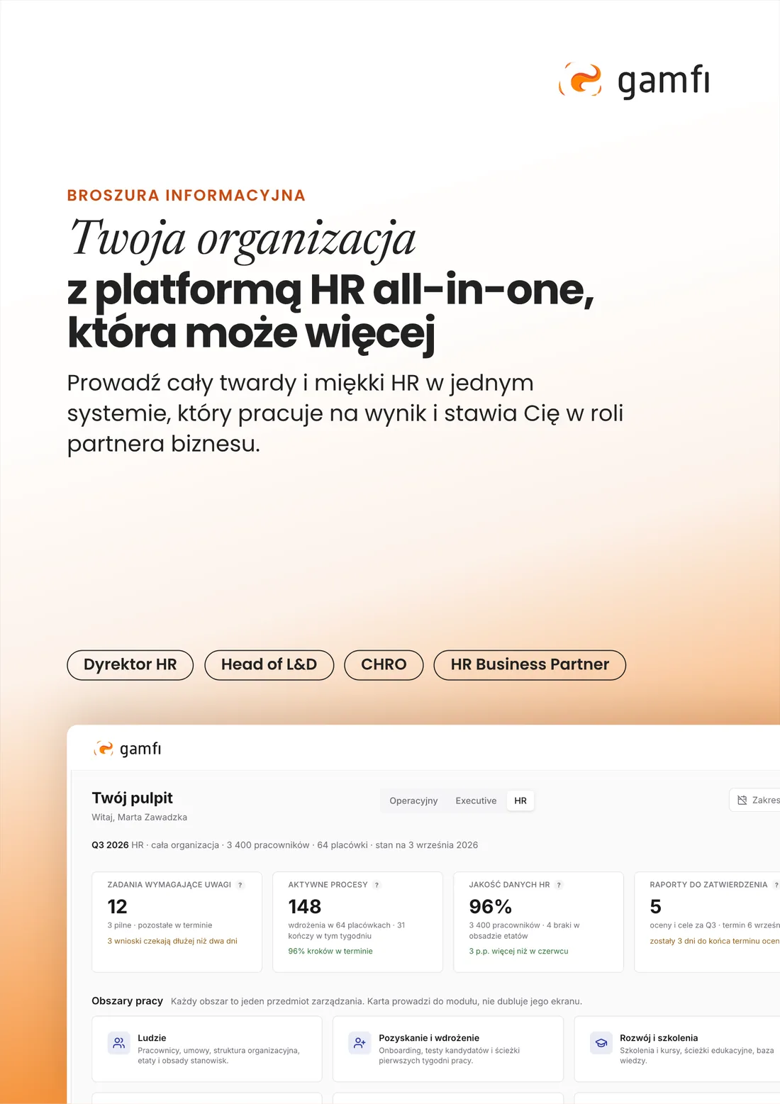 Okładka broszury Gamfi „Gamfi dla HR” na ekranie tabletu