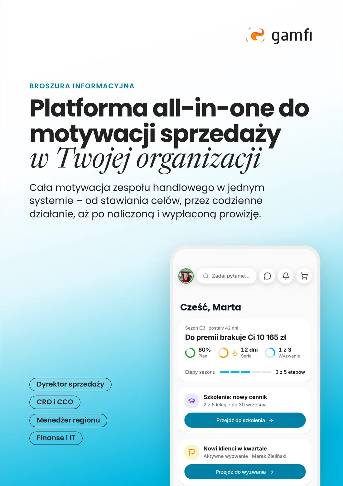 Okładka broszury Gamfi „Platforma all-in-one do motywacji sprzedaży” na ekranie tabletu