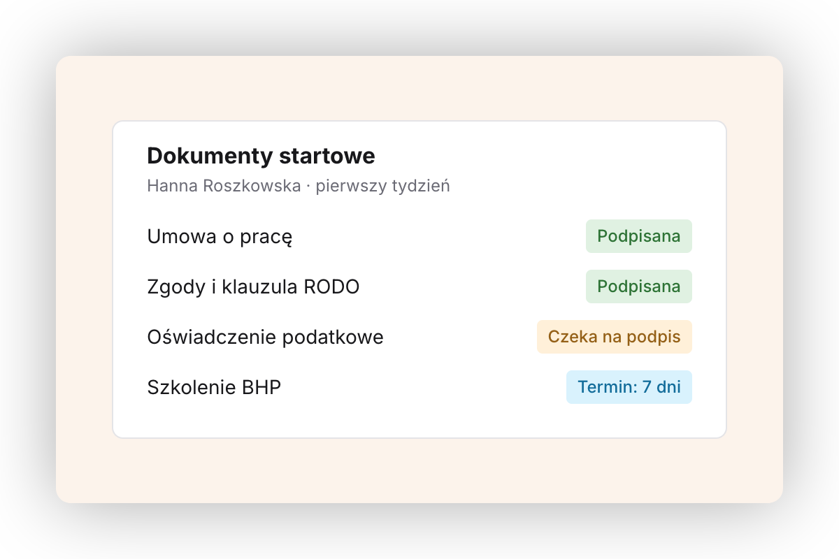 Karta „Dokumenty startowe" dla nowej osoby w pierwszym tygodniu: umowa o pracę i zgody RODO podpisane, oświadczenie podatkowe czeka na podpis, szkolenie BHP z terminem siedmiu dni