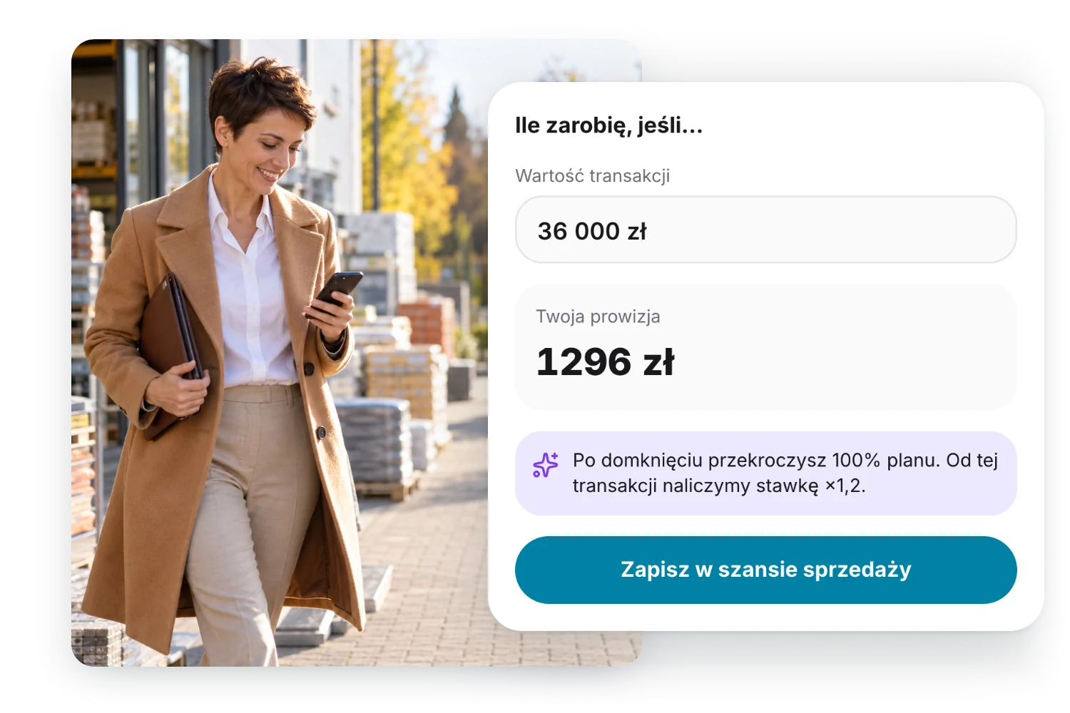 Handlowczyni w płaszczu wychodzi od klienta i uśmiecha się do telefonu; obok karta z Gamfi: symulator „Ile zarobię, jeśli…” – transakcja za 36 000 zł da 1296 zł prowizji i przekroczenie 100% planu ze stawką ×1,2